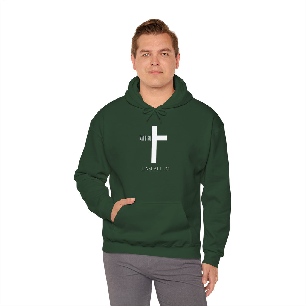 Man of God Hoodie – “I’m All In” Christian Fleece Sweatshirt, Faith Apparel Gift