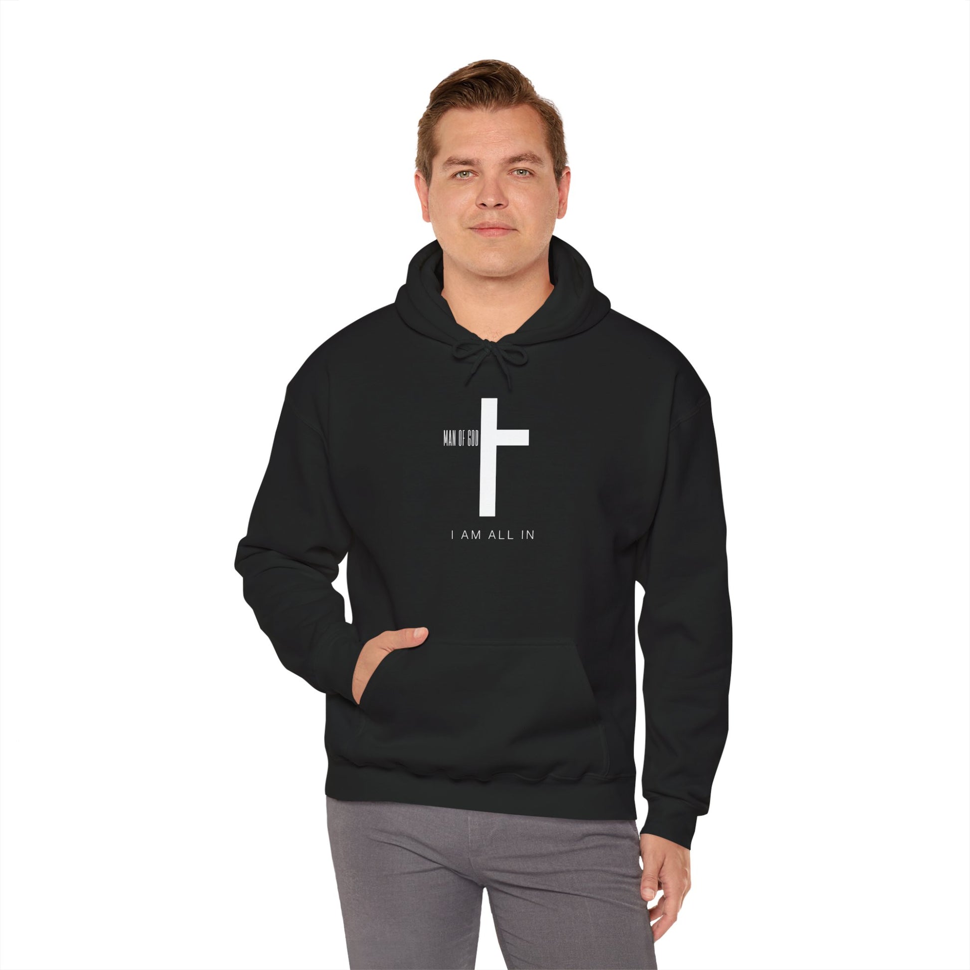 Man of God Hoodie – “I’m All In” Christian Fleece Sweatshirt, Faith Apparel Gift