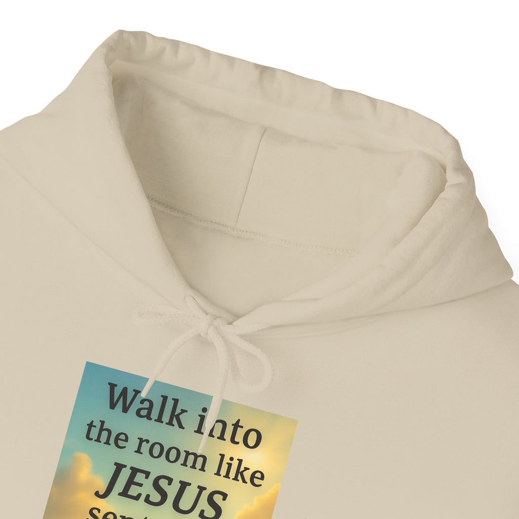 Beige hoodie with a colorful patch featuring text on a white background