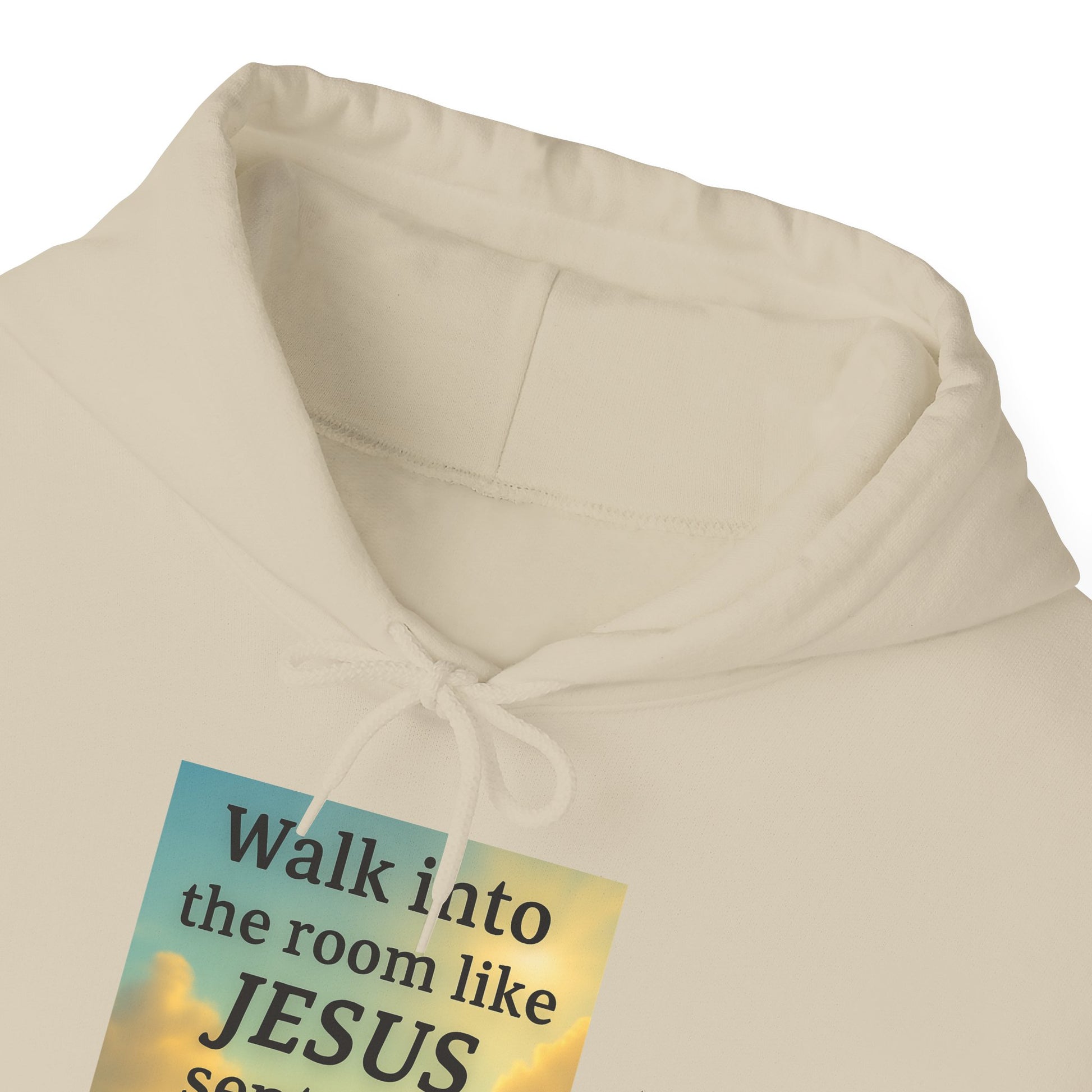 Beige hoodie with a colorful patch featuring text on a white background